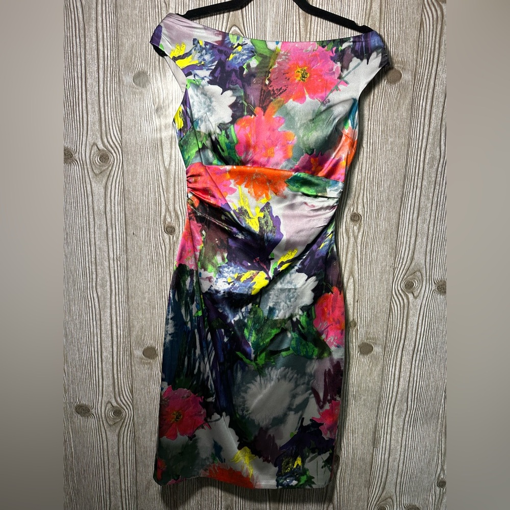 Kay Unger Off The Shoulder Floral Silk Dress Sz 2